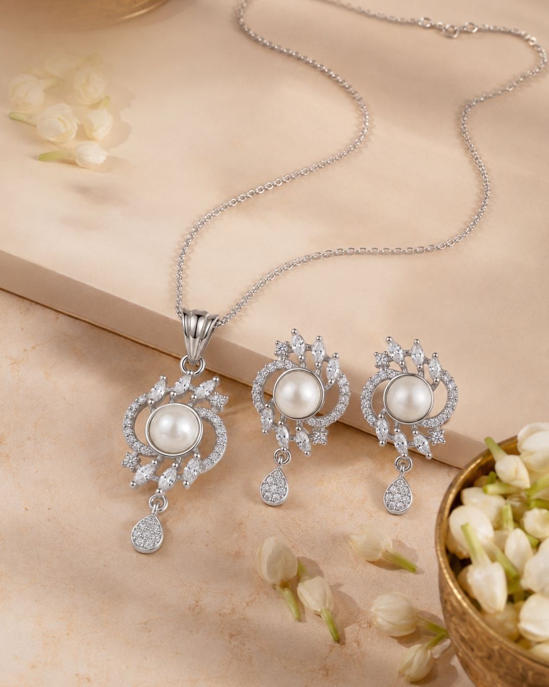 Pearl Halo Silver Finish Designer Pendant Set