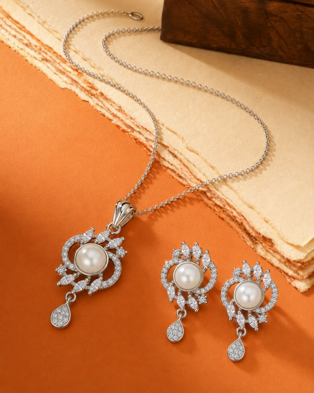 Pearl Halo Silver Finish Designer Pendant Set