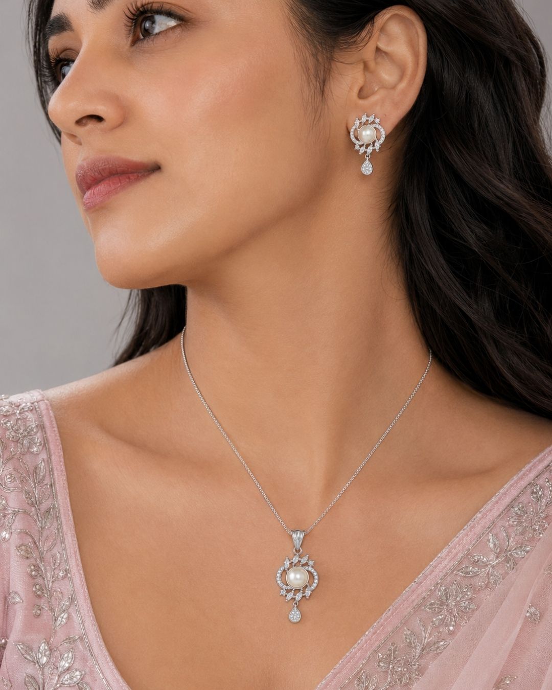 Pearl Halo Silver Finish Designer Pendant Set