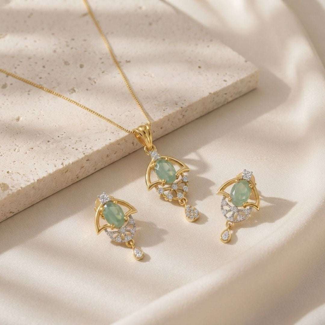Green Halo Gold Finish Wedding Jewellery Pendant Set