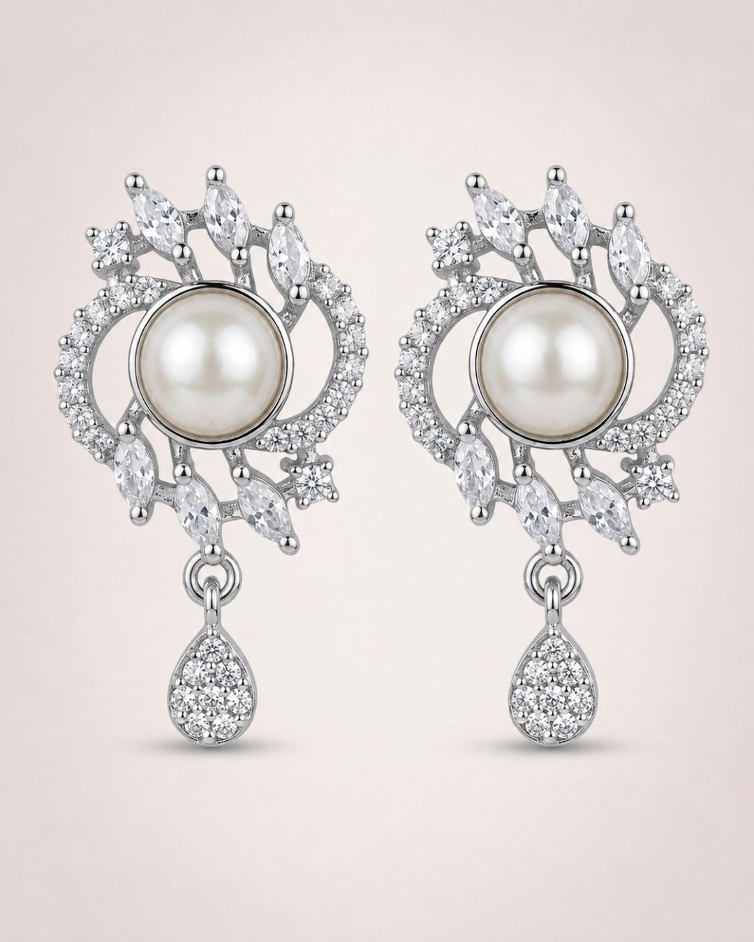 Pearl Halo Silver Finish Designer Pendant Set