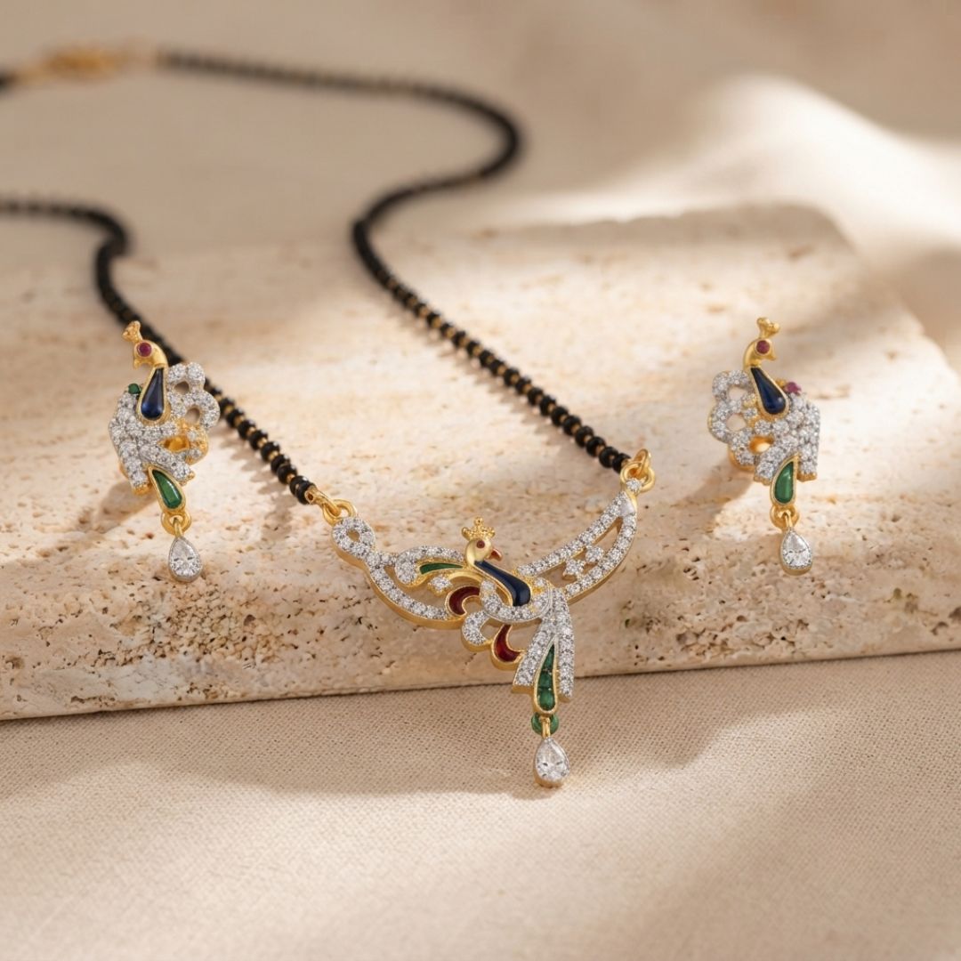 Designer Peacock American Diamond Black Beads Mangalsutra with Matching Earrings