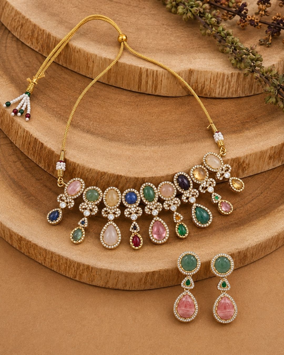 Sabyasachi Inspired Turkish Pota Necklace Set with Pink Statement Drops