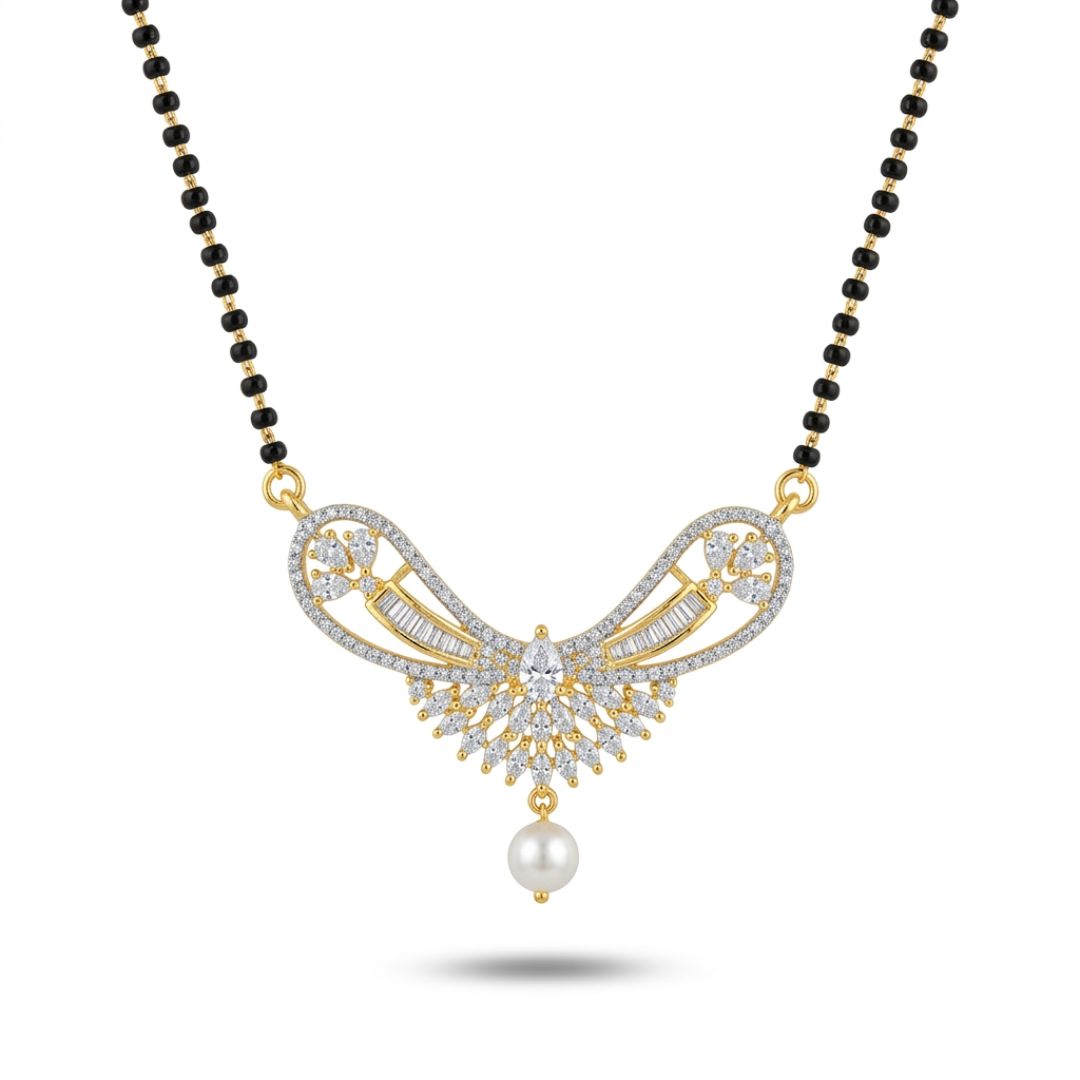 Designer American Diamond Black Beads Mangalsutra with Pearl Drop