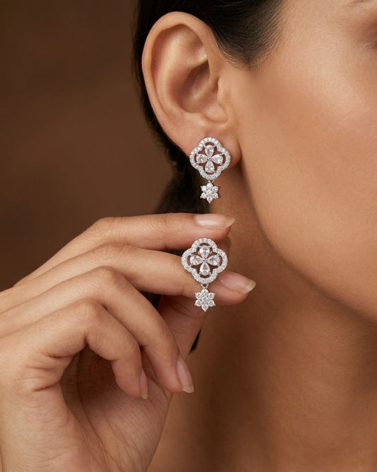 Silver Finish American Diamond Floral AD Stud Earrings for Women