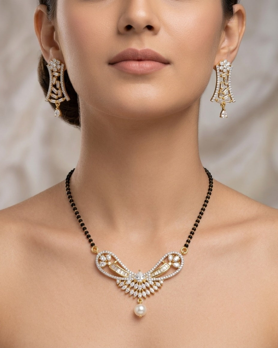 Designer American Diamond Black Beads Mangalsutra with Pearl Drop