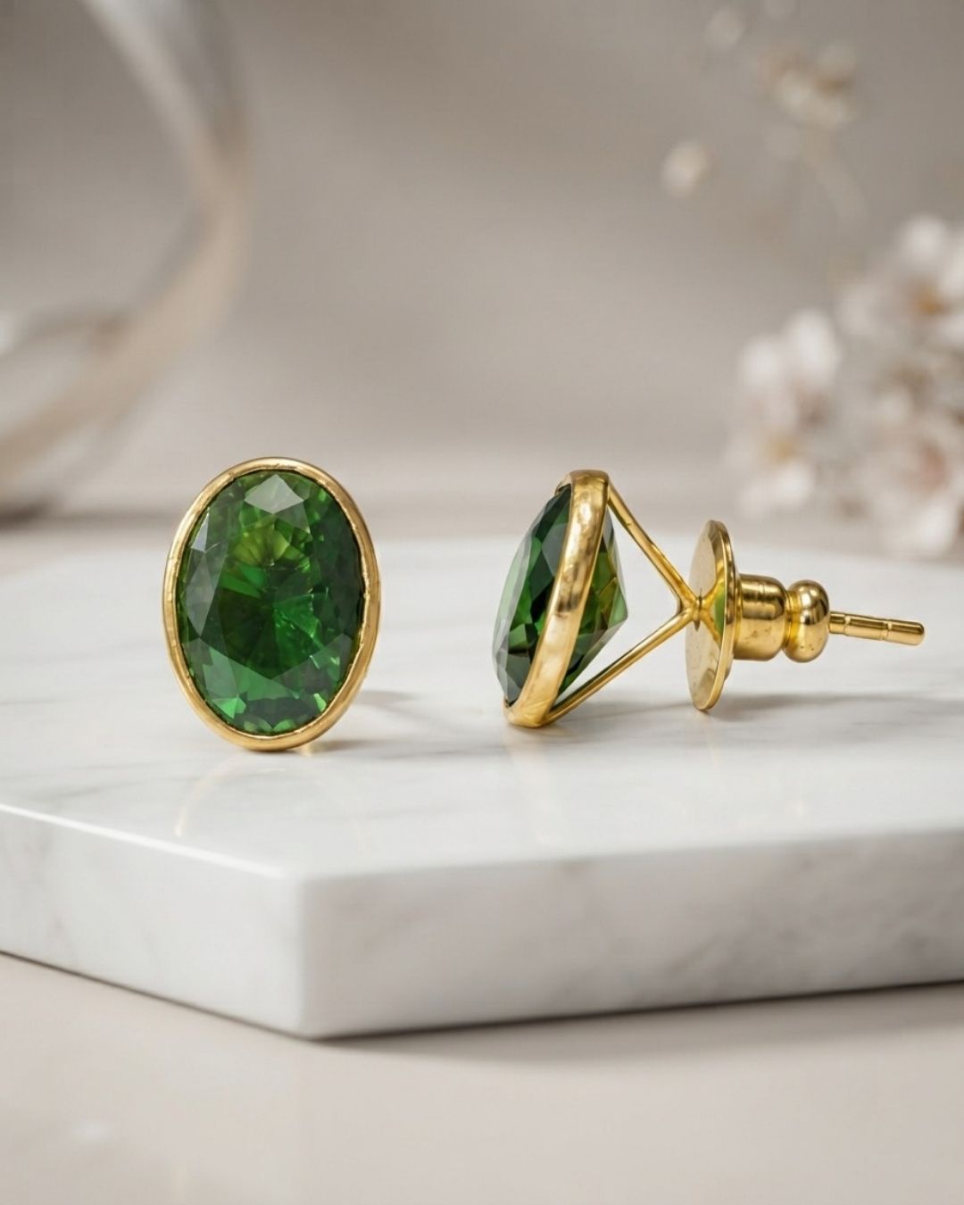 Green Oval Stone Stud Earrings for Women