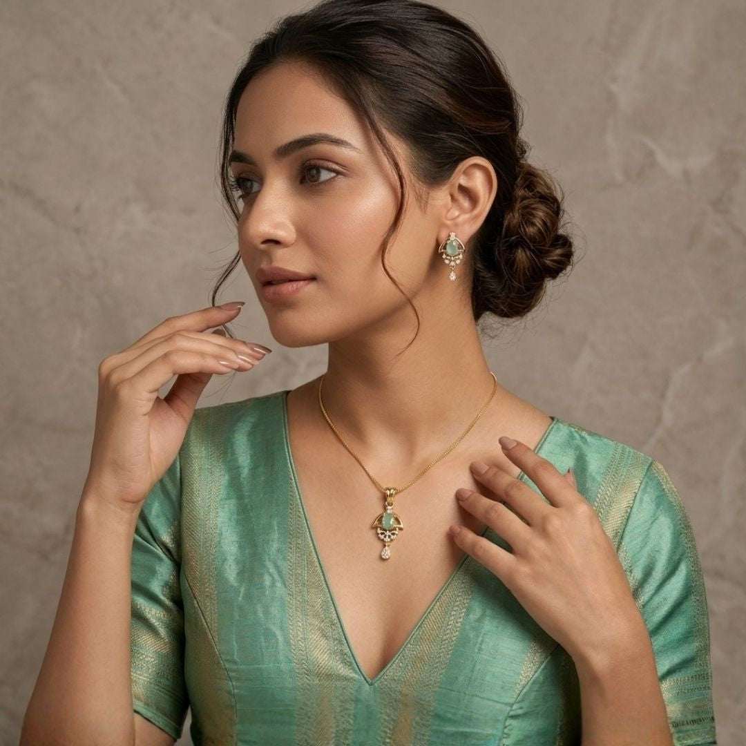 Green Halo Gold Finish Wedding Jewellery Pendant Set