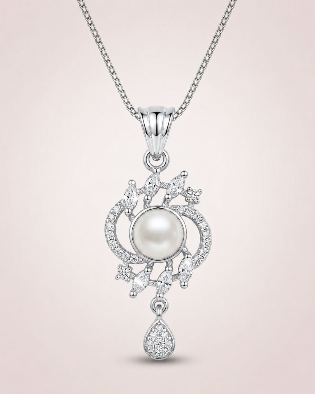 Pearl Halo Silver Finish Designer Pendant Set