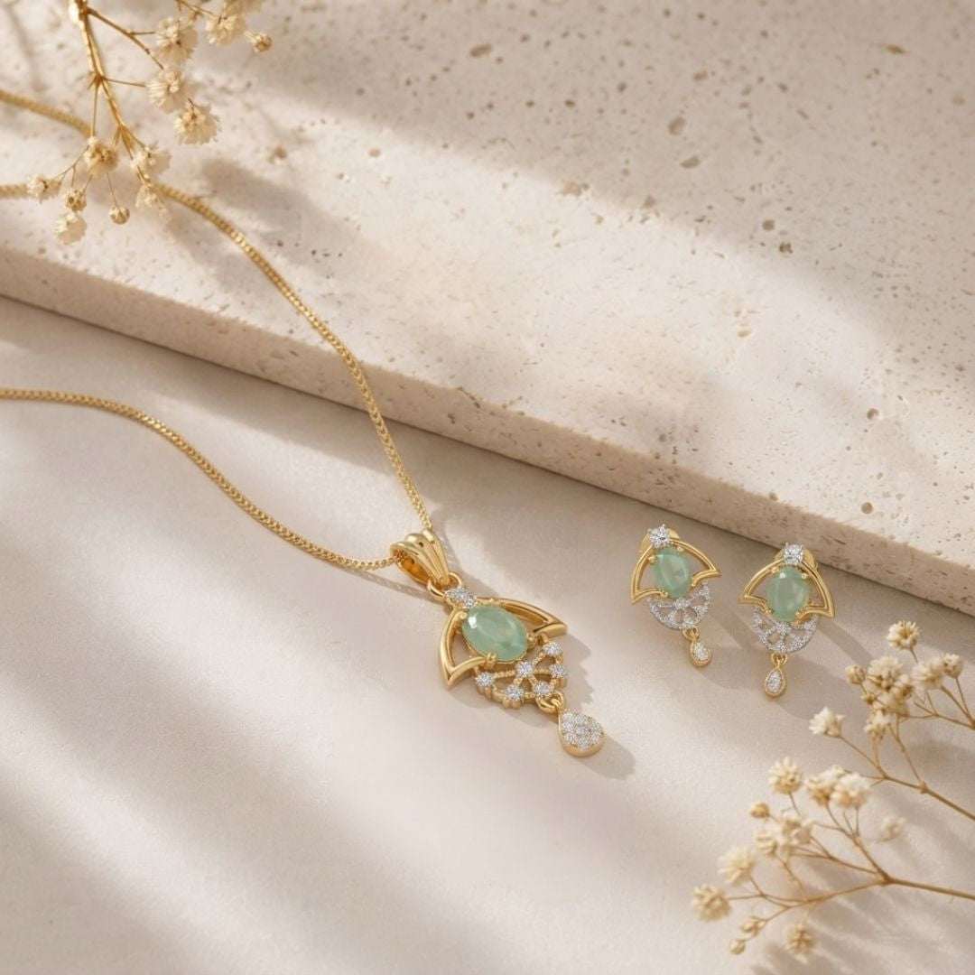 Green Halo Gold Finish Wedding Jewellery Pendant Set