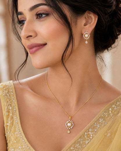 Pearl Halo Gold Finish Bridal Pendant Set