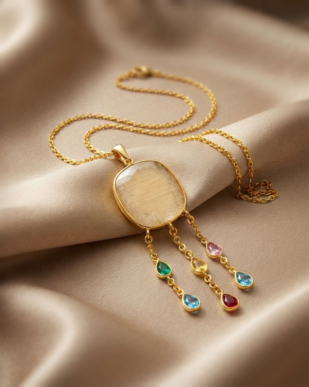 Beige Round Multicolour Drop Pendant Necklace