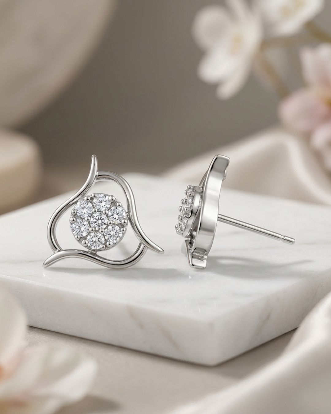 Designer Silver Finish American Diamond Stud Earrings for Women