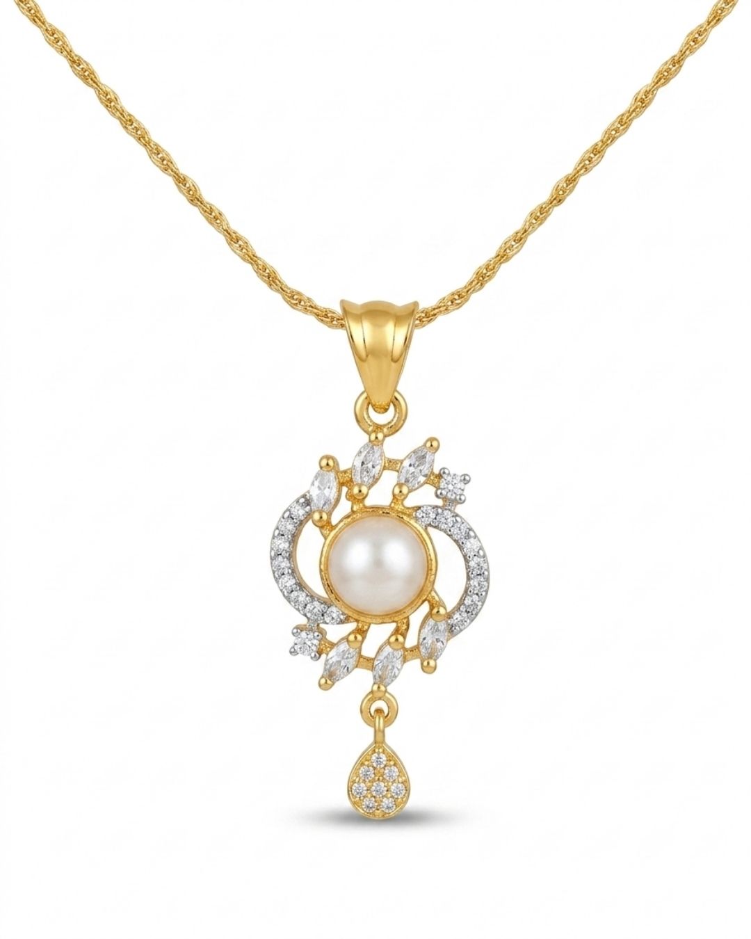 Pearl Halo Gold Finish Bridal Pendant Set
