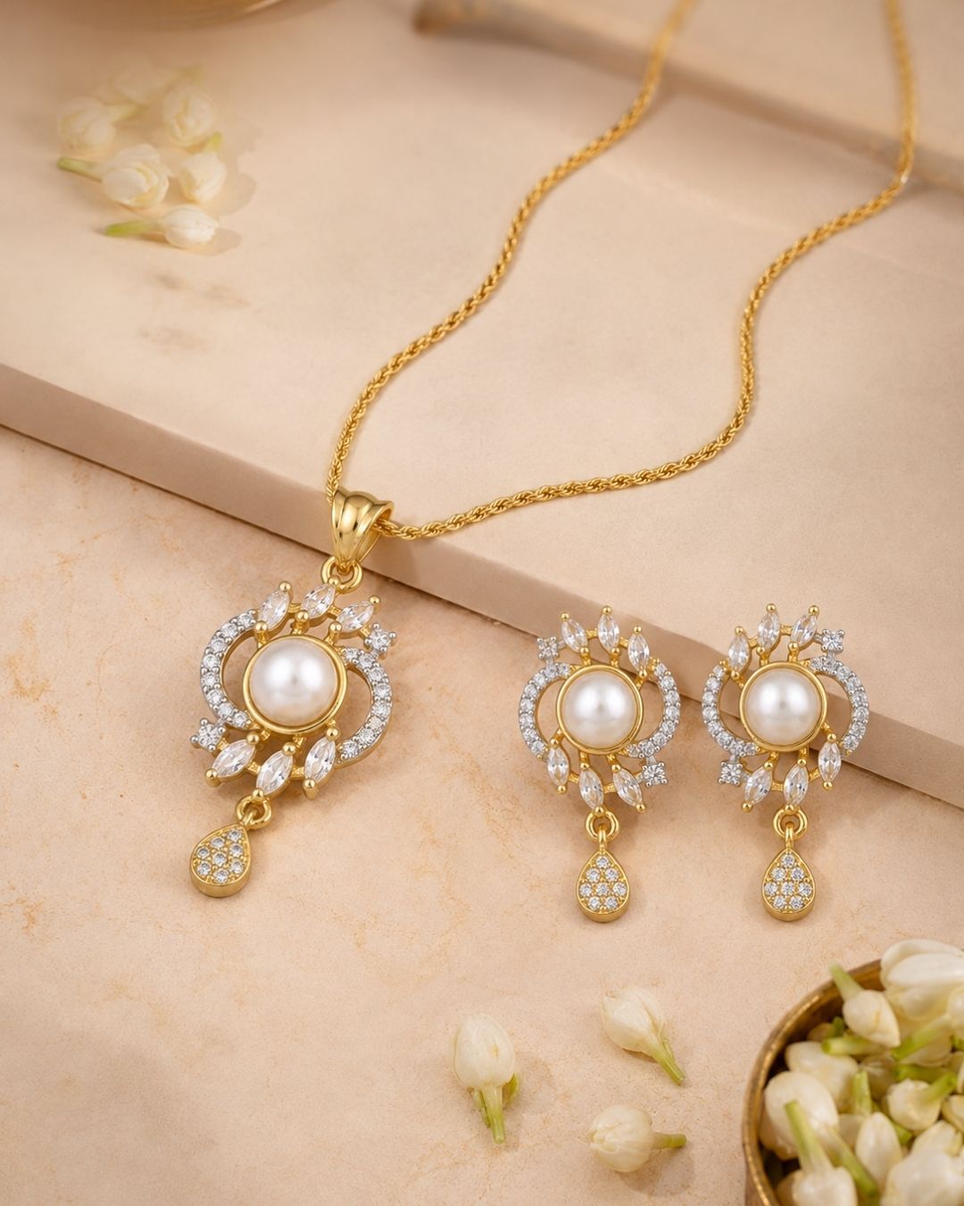 Pearl Halo Gold Finish Bridal Pendant Set