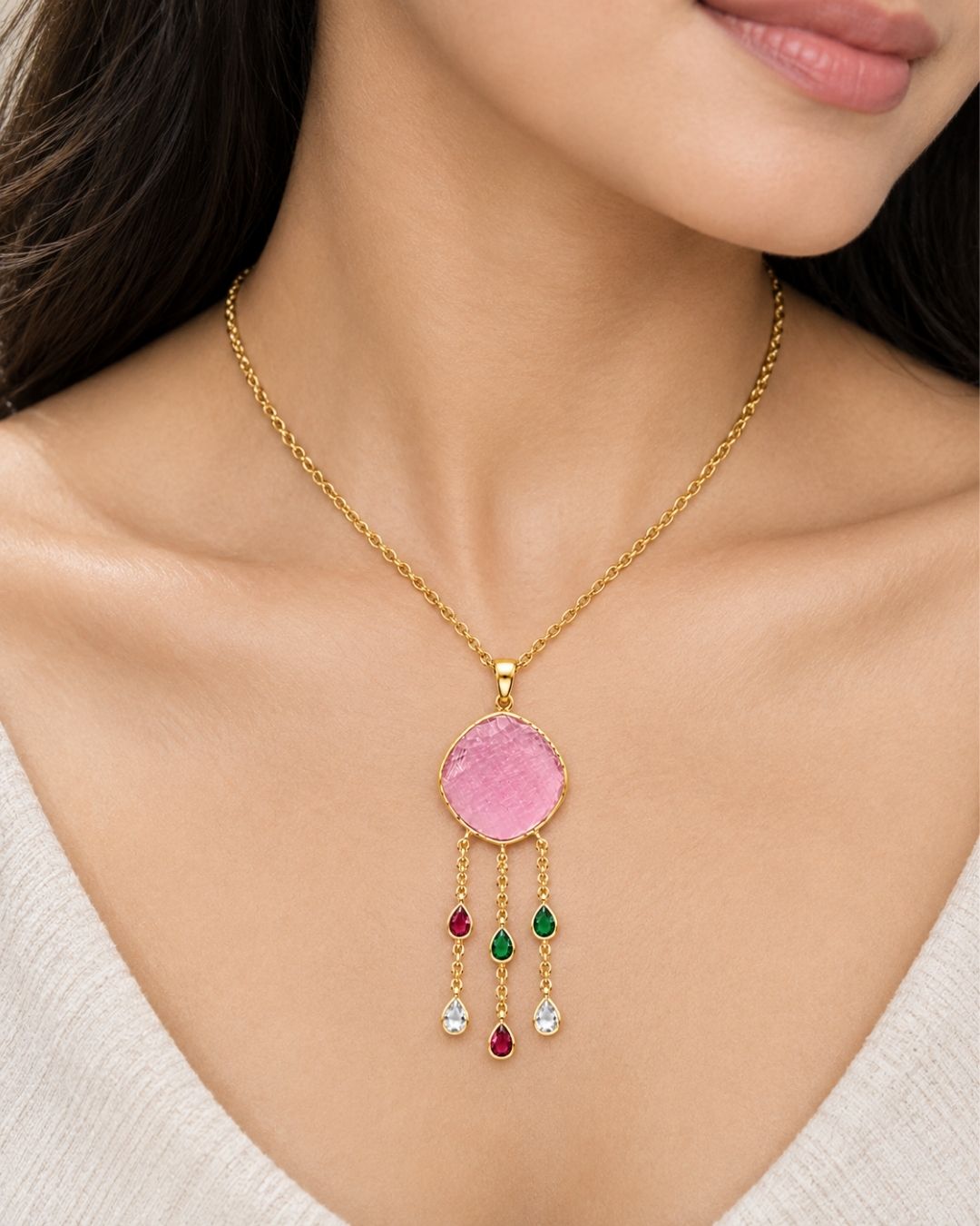 Pink Round Multicolour Drop Pendant Necklace