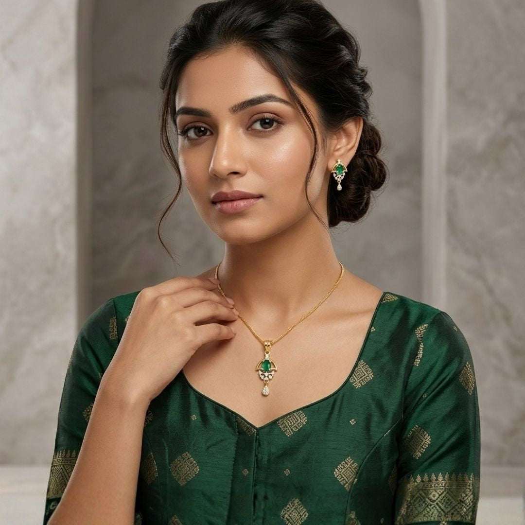 Green Halo Gold Plated Wedding Jewellery Pendant Set