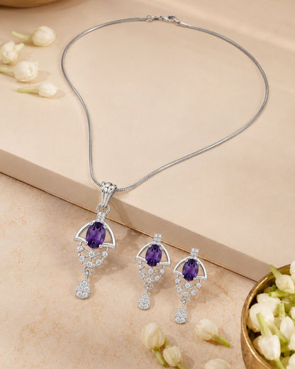Purple Bloom Silver Finish Wedding Jewellery Pendant Set