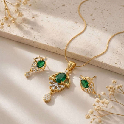 Green Halo Gold Plated Wedding Jewellery Pendant Set