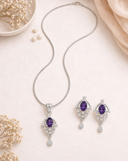 Purple Bloom Silver Finish Wedding Jewellery Pendant Set