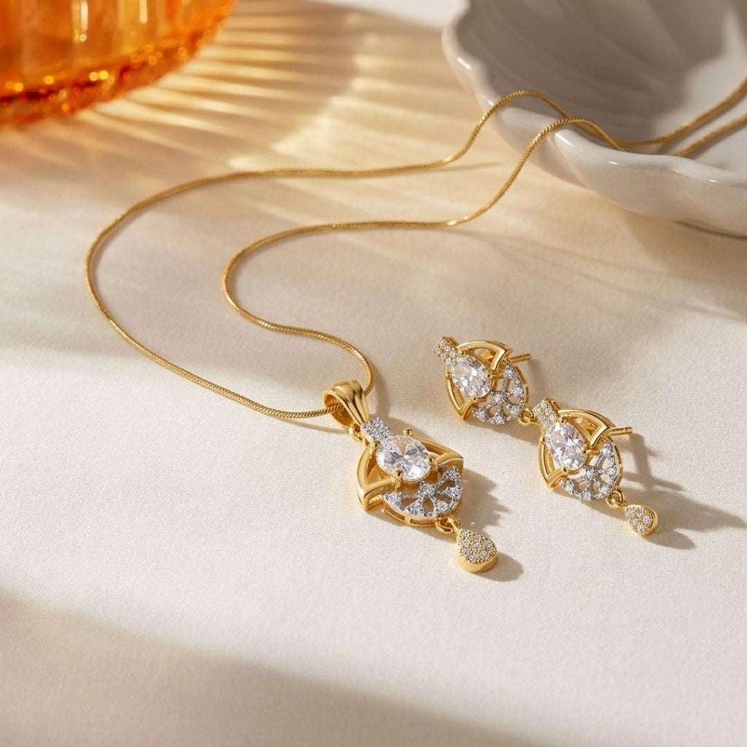 Oval Halo Gold Plated Wedding Jewellery Pendant Set