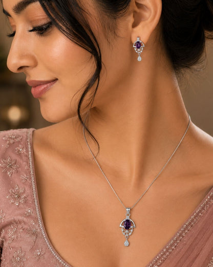 Purple Bloom Silver Finish Wedding Jewellery Pendant Set