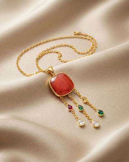 Gold Plated Red Round Drop Pendant for Women