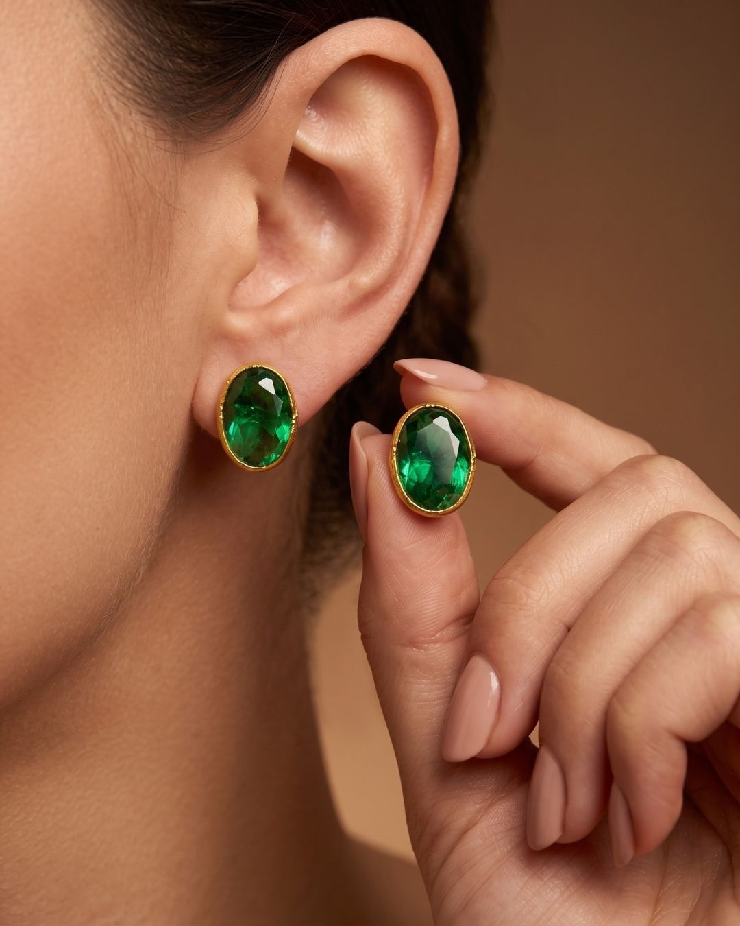 Green Oval Stone Stud Earrings for Women