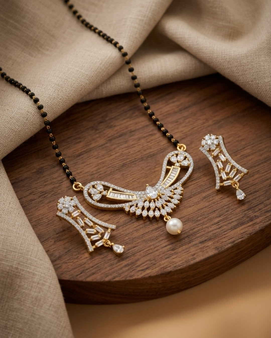 Designer American Diamond Black Beads Mangalsutra with Pearl Drop