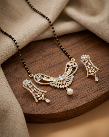 Designer American Diamond Black Beads Mangalsutra with Pearl Drop
