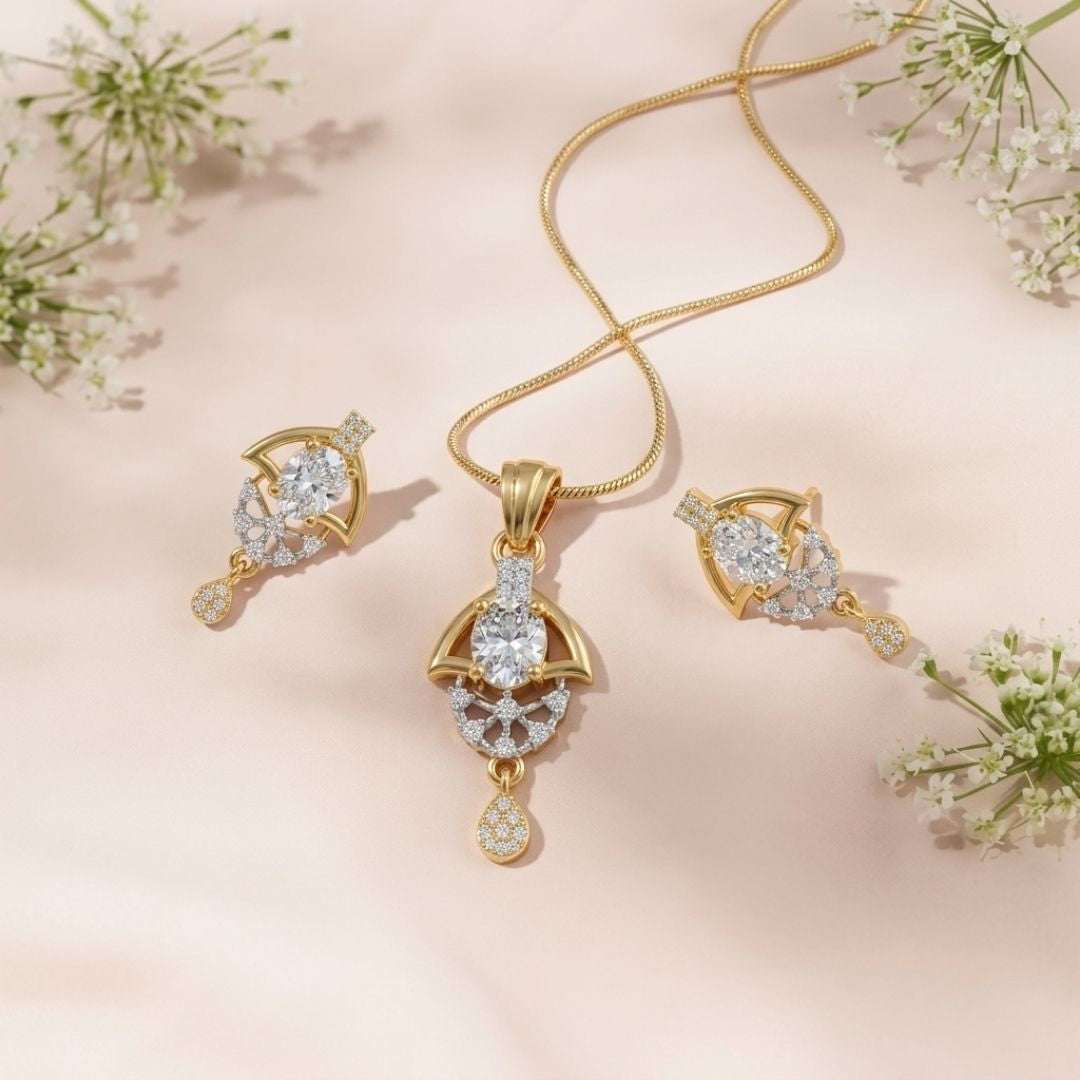 Oval Halo Gold Plated Wedding Jewellery Pendant Set