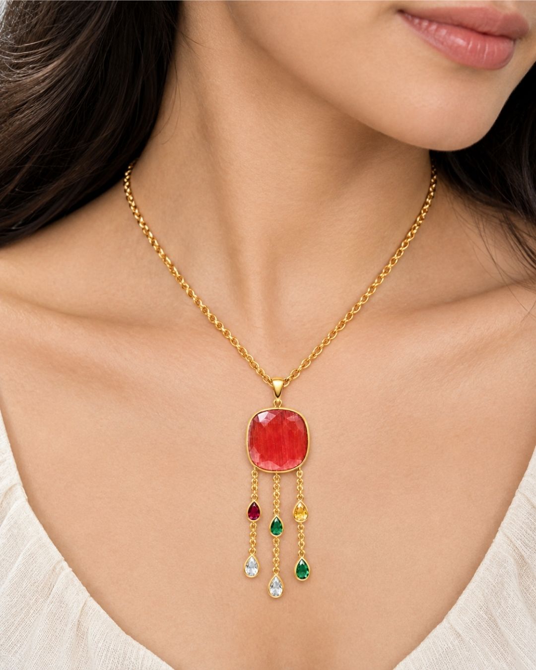 Gold Plated Red Round Drop Pendant for Women