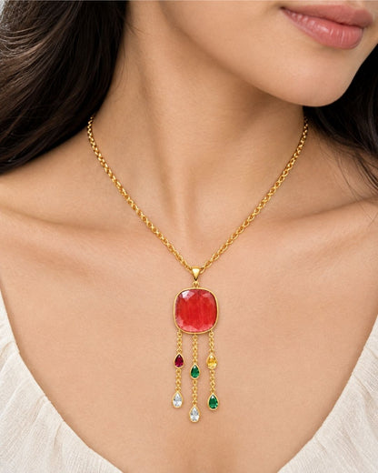 Gold Plated Red Round Drop Pendant for Women