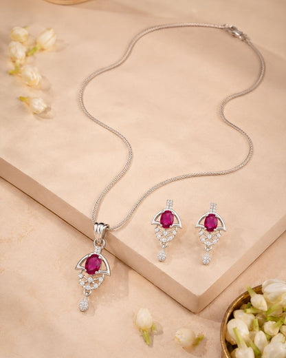 Red Bloom Silver Finish Wedding Jewellery Pendant Set