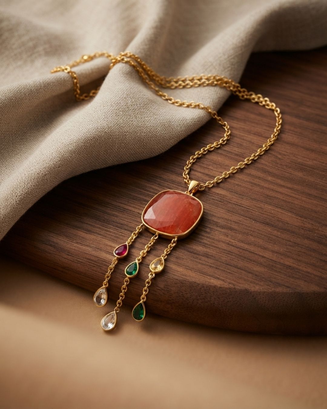 Gold Plated Red Round Drop Pendant for Women