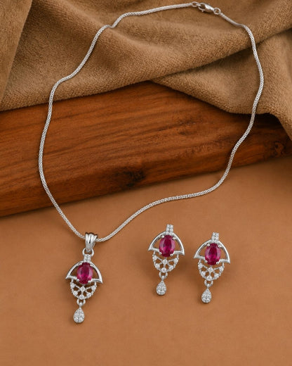 Red Bloom Silver Finish Wedding Jewellery Pendant Set