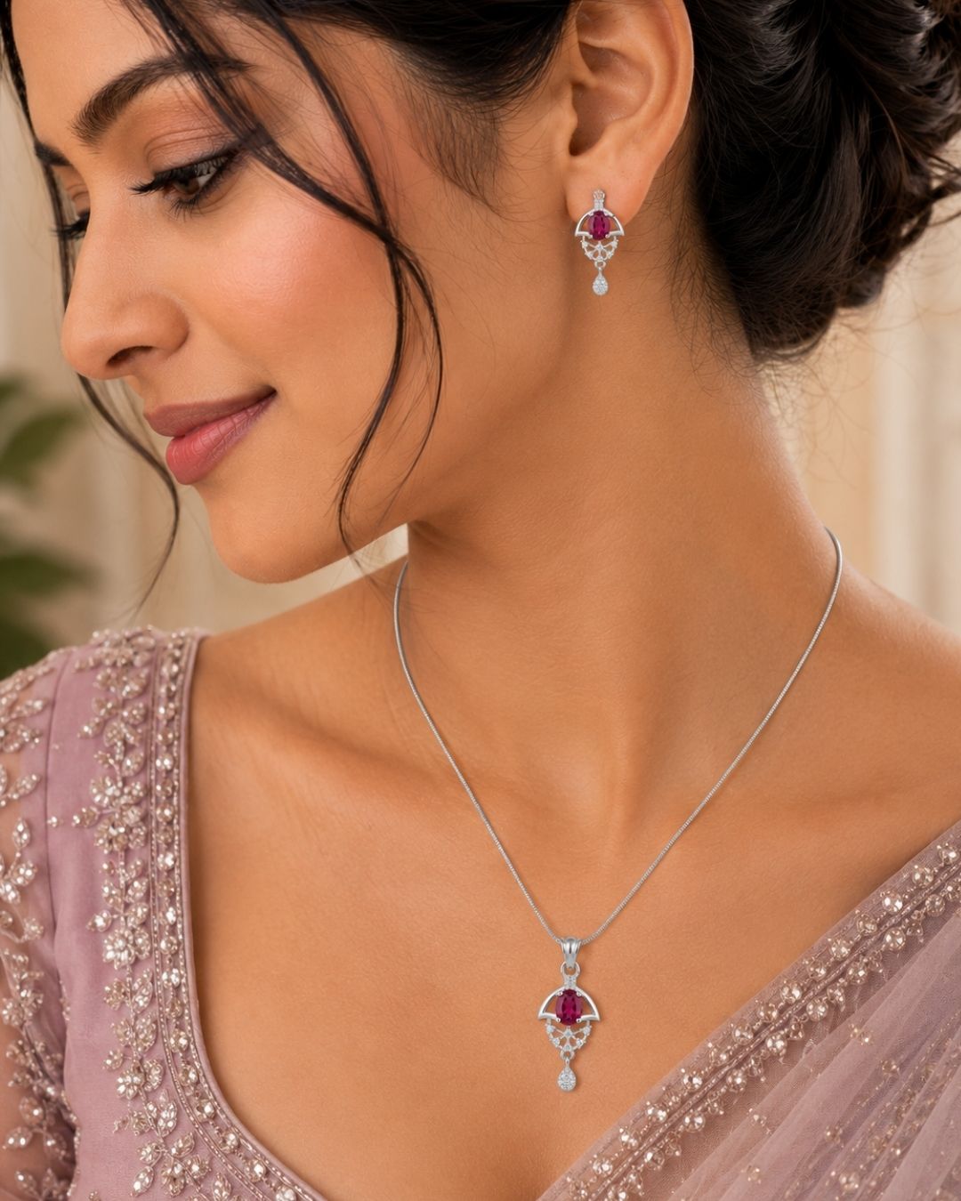 Red Bloom Silver Finish Wedding Jewellery Pendant Set