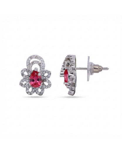 Pink Teardrop Floral Silver Finish AD Stud Earrings