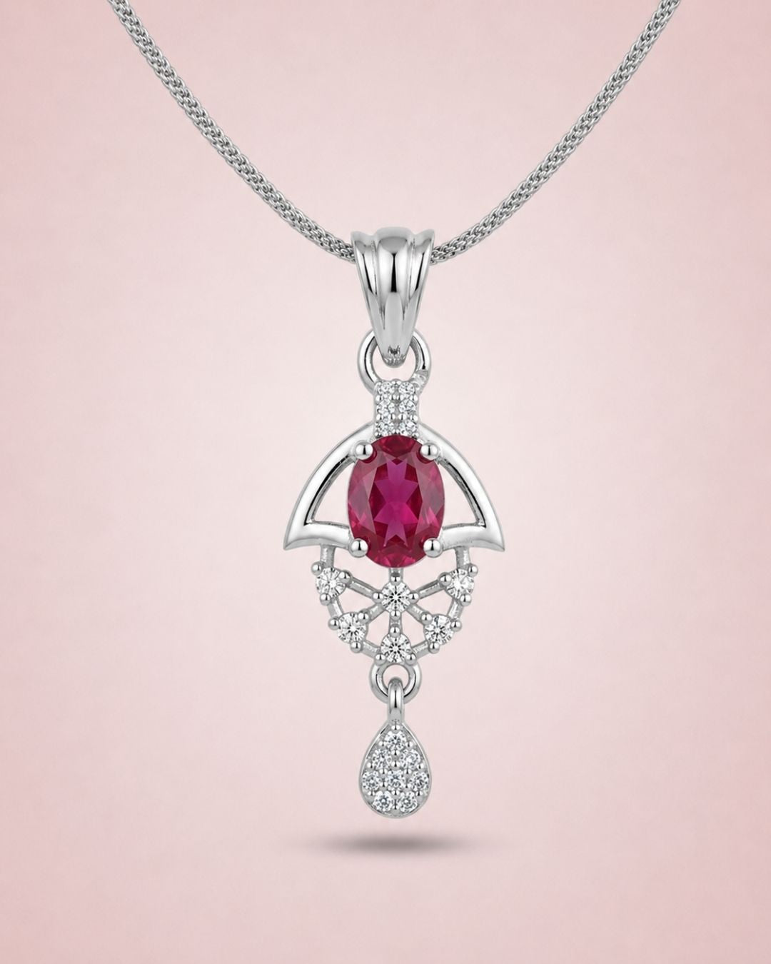 Red Bloom Silver Finish Wedding Jewellery Pendant Set
