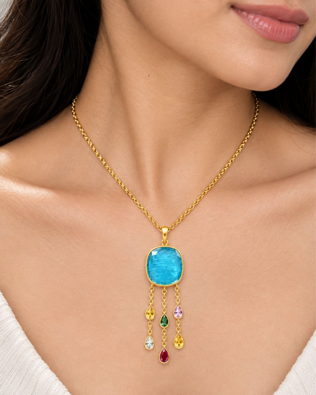 Sky Blue Round Multicolour Drop Pendant Necklace