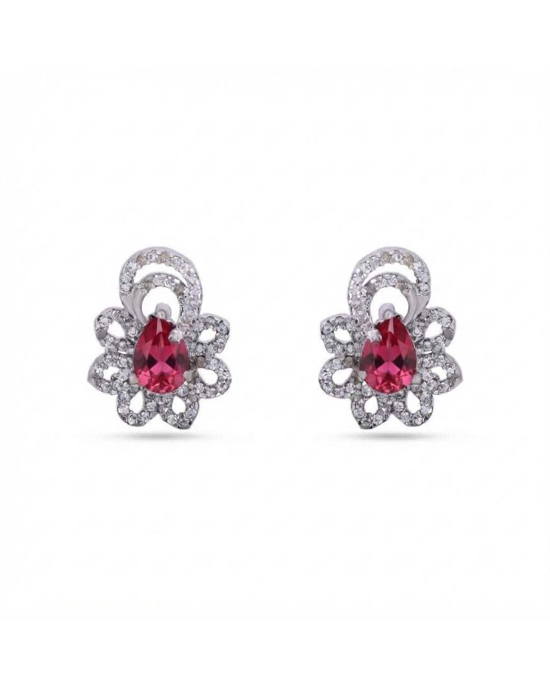 Pink Teardrop Floral Silver Finish AD Stud Earrings