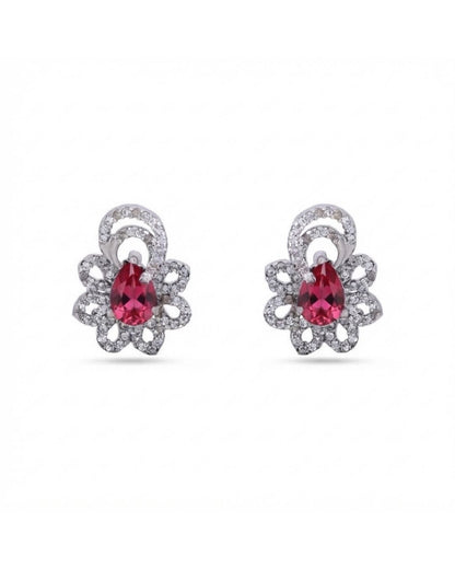Pink Teardrop Floral Silver Finish AD Stud Earrings