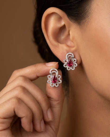 Pink Teardrop Floral Silver Finish AD Stud Earrings