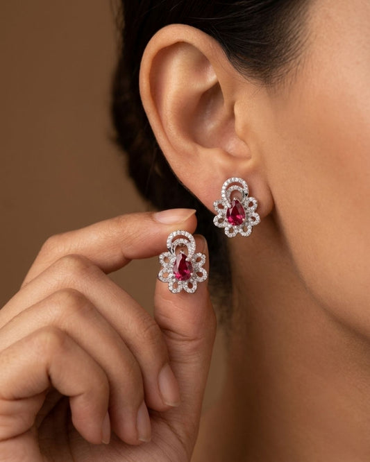 Pink Teardrop Floral Silver Finish AD Stud Earrings