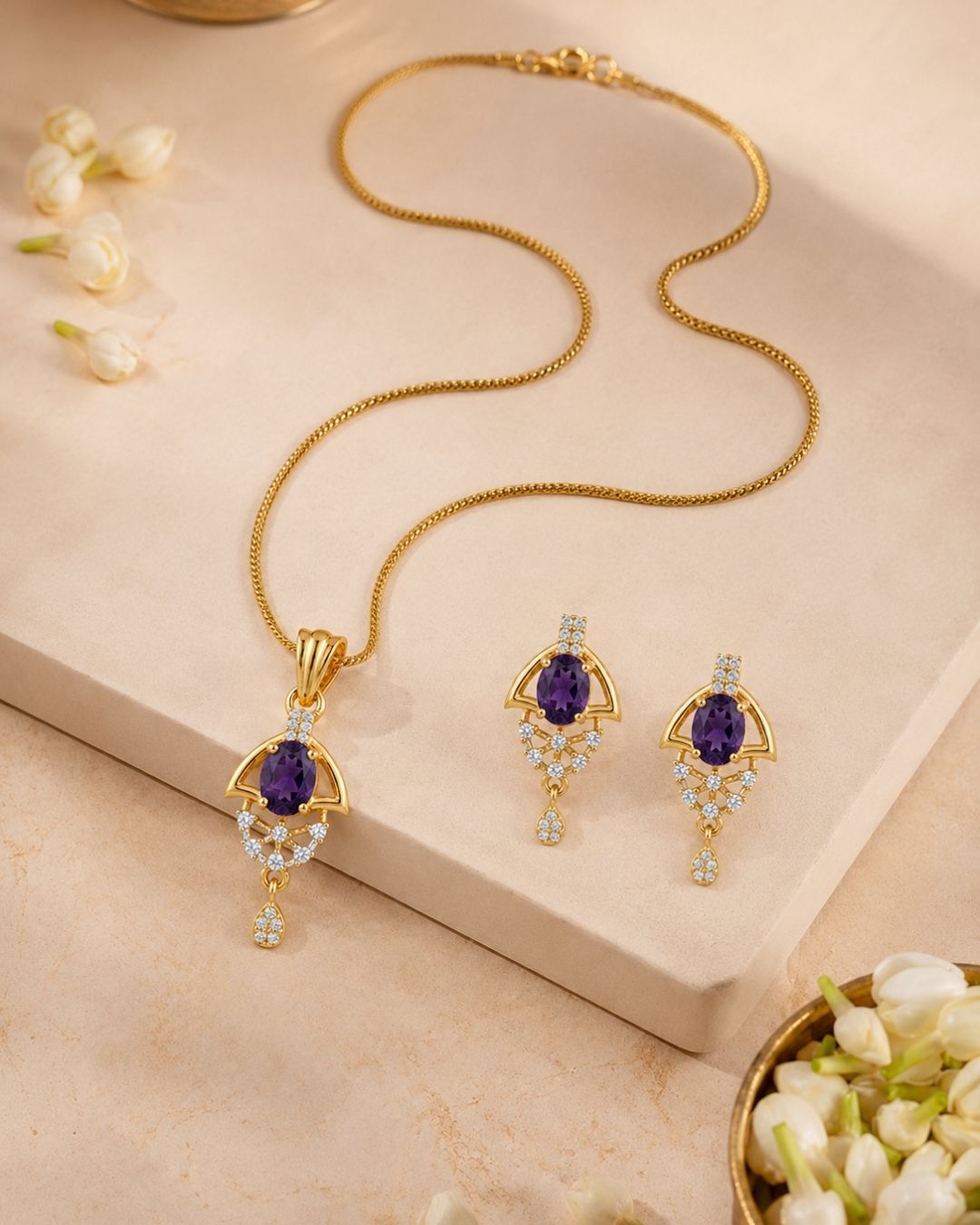 Purple Halo Gold Finish Wedding Jewellery Pendant Set