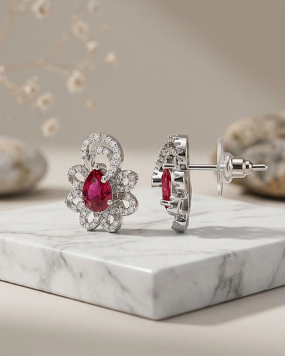 Pink Teardrop Floral Silver Finish AD Stud Earrings