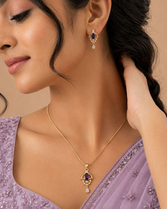 Purple Halo Gold Finish Wedding Jewellery Pendant Set