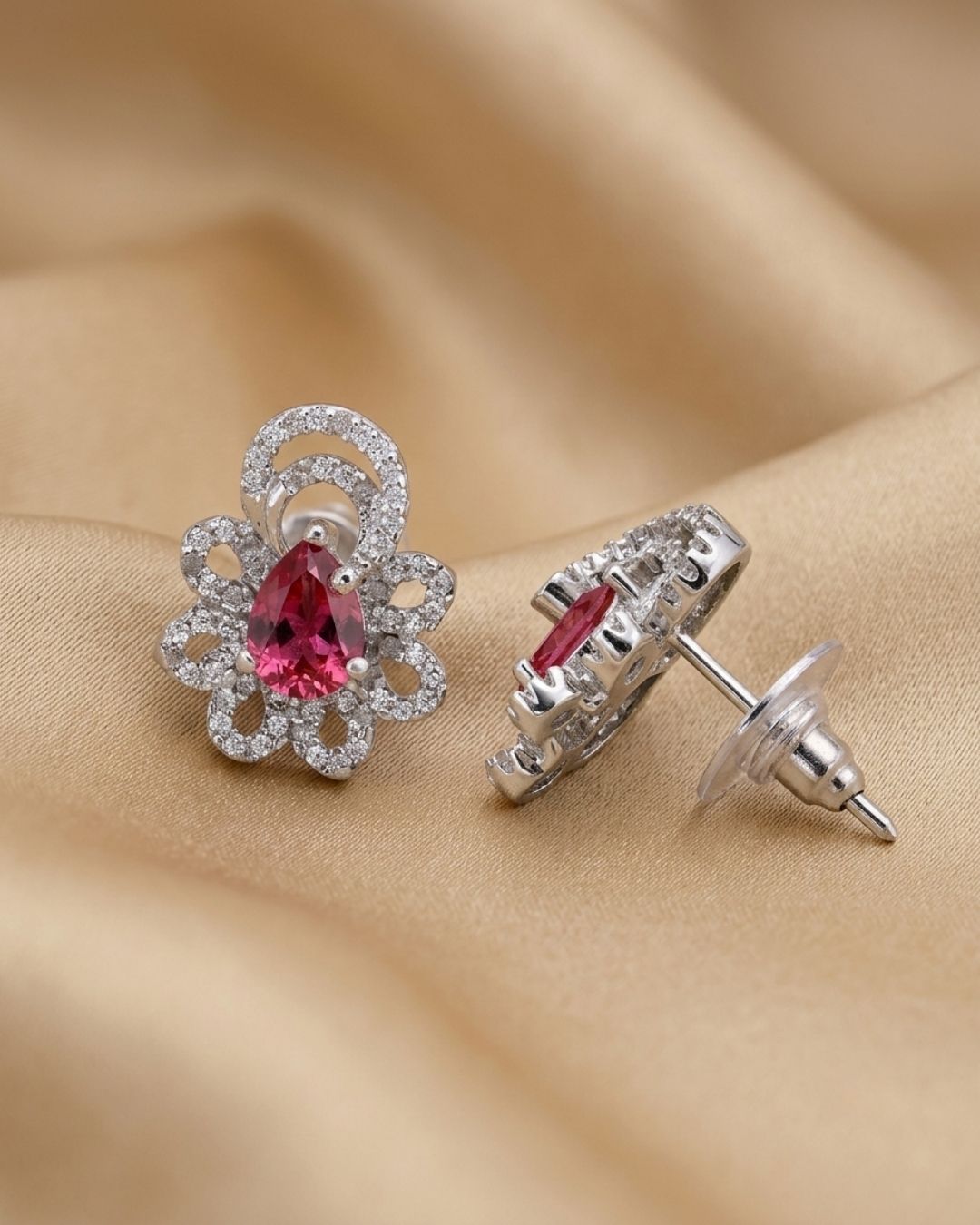 Pink Teardrop Floral Silver Finish AD Stud Earrings
