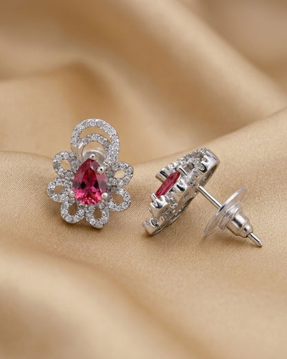 Pink Teardrop Floral Silver Finish AD Stud Earrings
