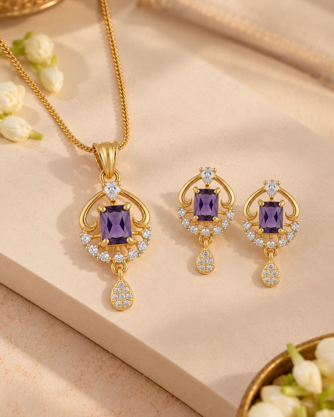 Royal Amethyst Gold Finish Party Wear Pendant Set